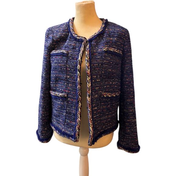 J.Crew Lady Jacket in Cobalt Rainbow Tweed Braided Trim Fringe 12 , $248 - Picture 1 of 6